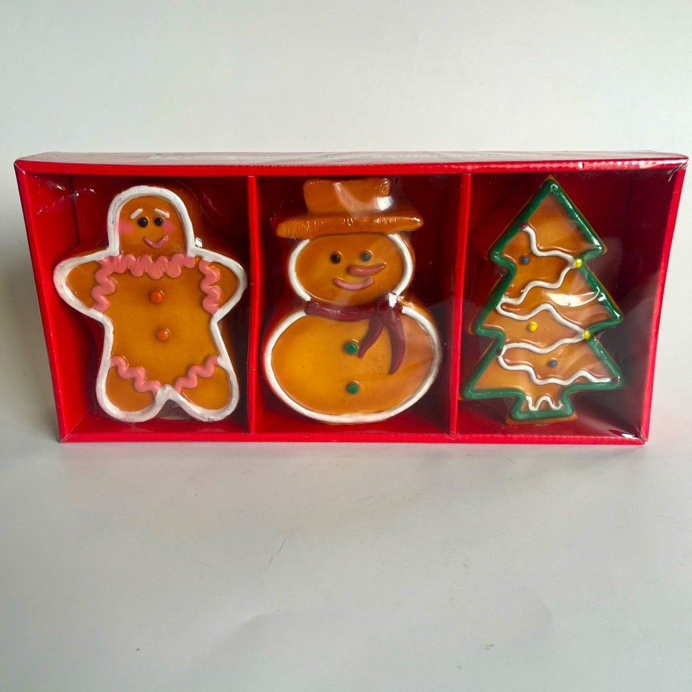 Vintage 5" Holiday Candles Gingerbread Christmas Tree Snowman 3 Piece Unused NOS